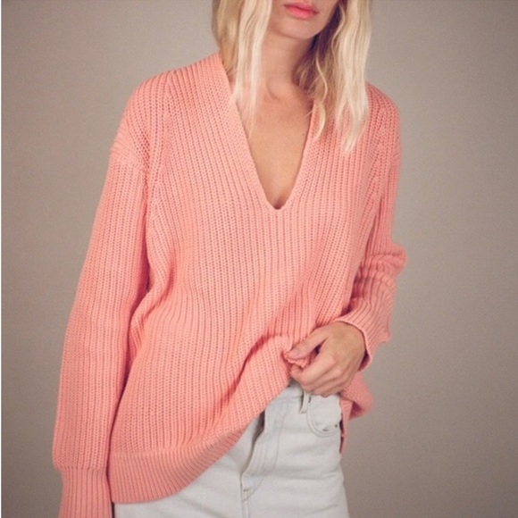 T by Alexander Wang Deep V Sweater in Salmon Pink, Medium - Picture 3 of 10